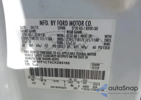 2012 Ford F-150 Xl z USA, uszkodzony, nr VIN 1FTPF1CT0CKD65165